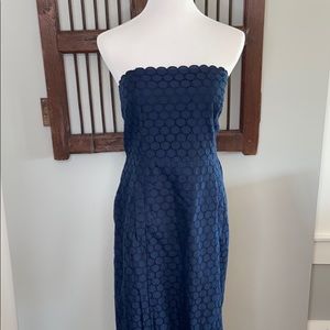 JCREW STRAPLESS NAVY EYELET SCALLOPED DRESS SZ 12
